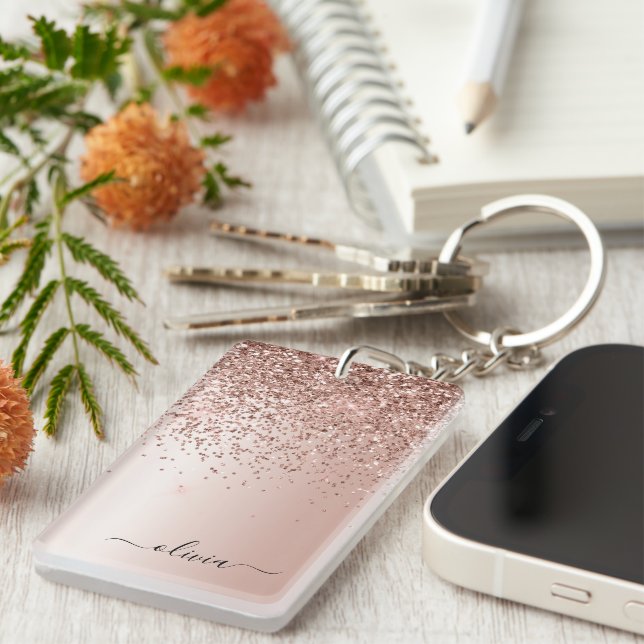 Rose Gold - Blush Pink Glitter Metal Monogram Name Key Ring (Front Right)