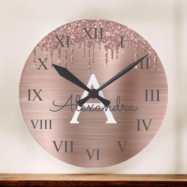 Rose Gold - Blush Pink Glitter Metal Monogram Name Large Clock (Creator Uploaded)