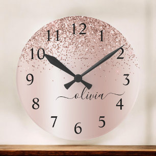 Rose Gold - Blush Pink Glitter Metal Monogram Name Large Clock