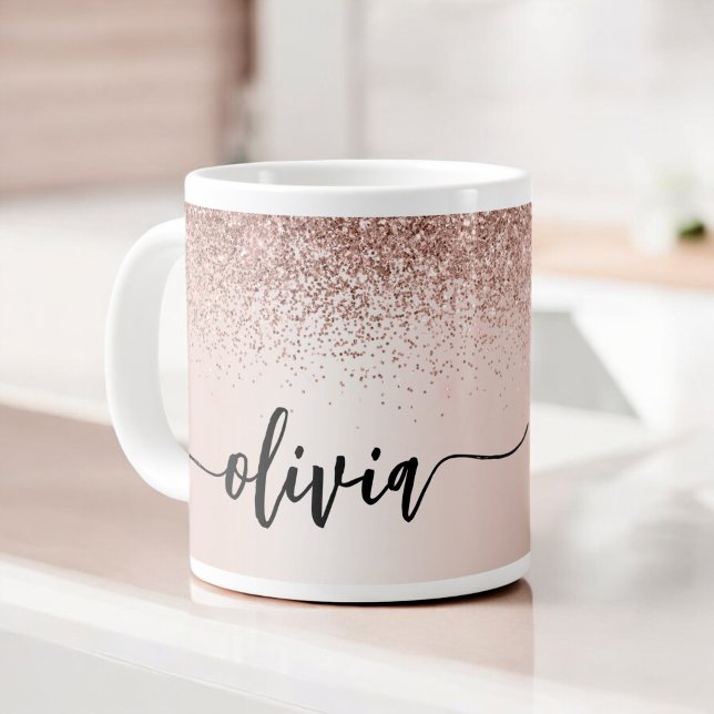 Rose Gold - Blush Pink Glitter Metal Monogram Name Large Coffee Mug (Creator Uploaded)