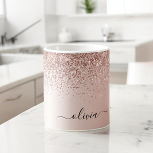 Rose Gold - Blush Pink Glitter Metal Monogram Name Large Coffee Mug