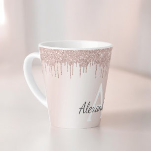Rose Gold - Blush Pink Glitter Metal Monogram Name Latte Mug