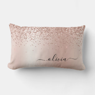 Rose Gold - Blush Pink Glitter Metal Monogram Name Lumbar Cushion