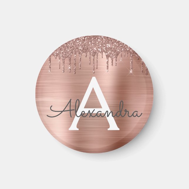 Rose Gold - Blush Pink Glitter Metal Monogram Name Magnet (Front)
