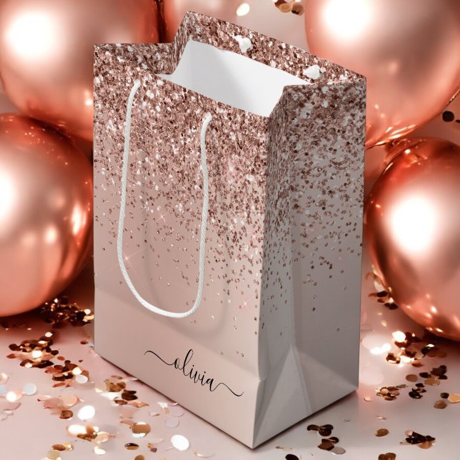 Rose Gold - Blush Pink Glitter Metal Monogram Name Medium Gift Bag (Creator Uploaded)