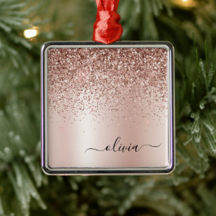 Rose Gold - Blush Pink Glitter Metal Monogram Name Metal Ornament