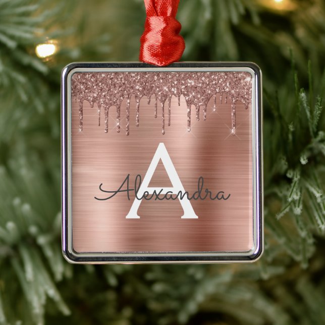 Rose Gold - Blush Pink Glitter Metal Monogram Name Metal Ornament (Tree)