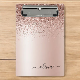 Rose Gold - Blush Pink Glitter Metal Monogram Name Mini Clipboard