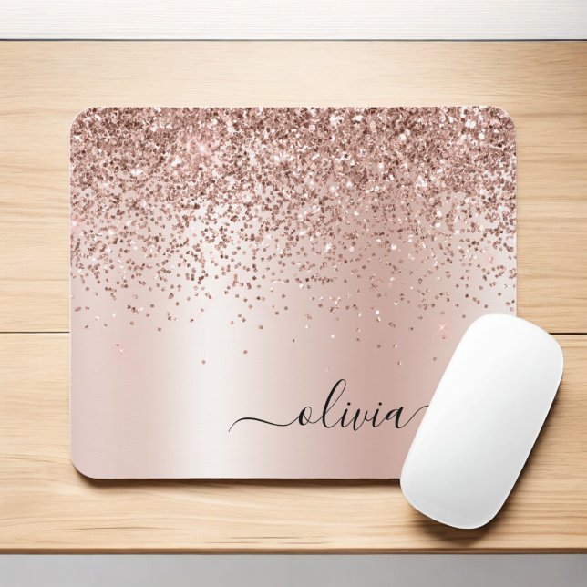 Rose Gold - Blush Pink Glitter Metal Monogram Name Mouse Pad (Creator Uploaded)