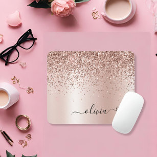 Rose Gold - Blush Pink Glitter Metal Monogram Name Mouse Pad