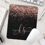 Rose Gold Blush Pink Glitter Metal Monogram Name Mouse Pad<br><div class="desc">Glam Rose Gold Glitter Elegant Monogram Mouse Pad. Easily personalise this trendy chic mouse pad design featuring elegant rose gold sparkling glitter on a black background. The design features your handwritten script monogram with pretty swirls and name.</div>