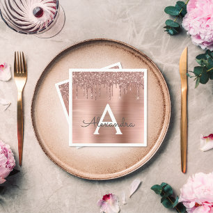 Rose Gold - Blush Pink Glitter Metal Monogram Name Napkin