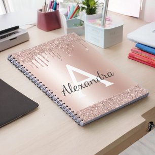 Rose Gold - Blush Pink Glitter Metal Monogram Name Notebook