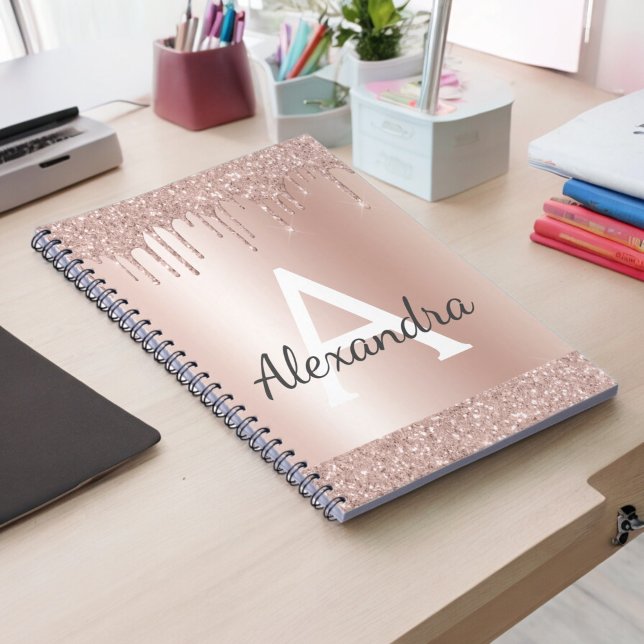 Rose Gold - Blush Pink Glitter Metal Monogram Name Notebook (Creator Uploaded)