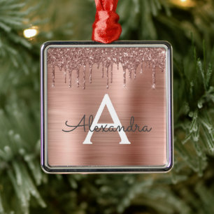 Rose Gold - Blush Pink Glitter Metal Monogram Name Ornament