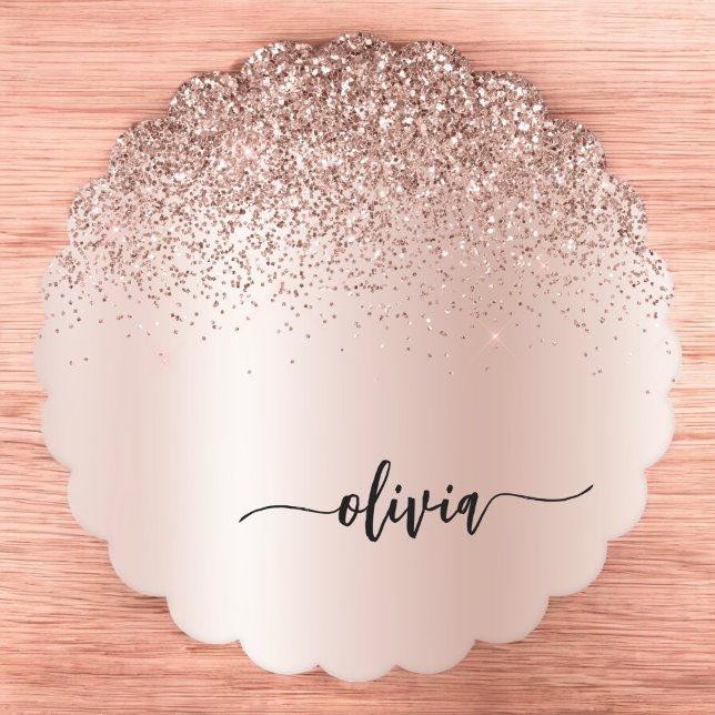 Rose Gold - Blush Pink Glitter Metal Monogram Name Paper Coaster (Creator Uploaded)