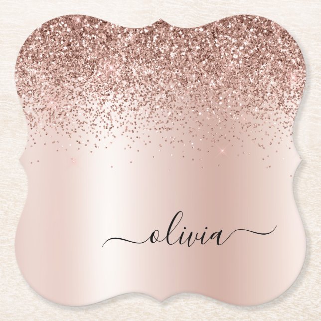 Rose Gold - Blush Pink Glitter Metal Monogram Name Paper Coaster (Front)