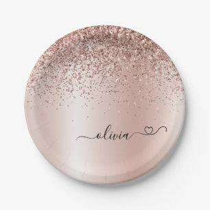 Rose Gold - Blush Pink Glitter Metal Monogram Name Paper Plate