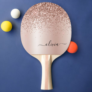 Rose Gold - Blush Pink Glitter Metal Monogram Name Ping Pong Paddle