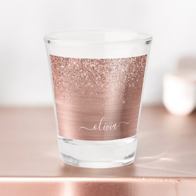 Rose Gold - Blush Pink Glitter Metal Monogram Name Shot Glass (Creator Uploaded)