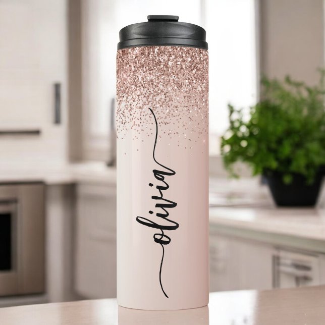 Rose Gold - Blush Pink Glitter Metal Monogram Name Thermal Tumbler (Creator Uploaded)