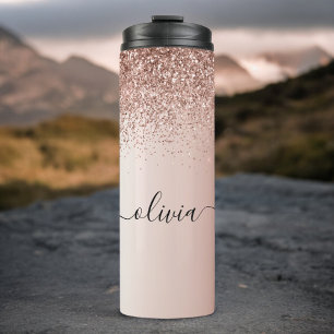 Rose Gold - Blush Pink Glitter Metal Monogram Name Thermal Tumbler