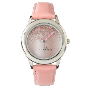Rose Gold - Blush Pink Glitter Metal Monogram Name Watch