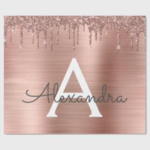 Rose Gold - Blush Pink Glitter Metal Monogram Name Wrapping Paper