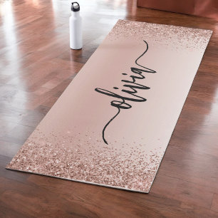 Rose Gold - Blush Pink Glitter Metal Monogram Name Yoga Mat