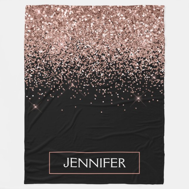 Rose Gold Blush Pink Glitter Monogram Fleece Blanket (Front)