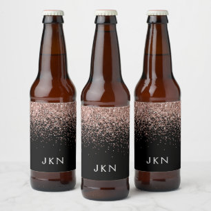 Rose Gold Blush Pink Glitter Monogram Initials Beer Bottle Label