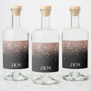 Rose Gold Blush Pink Glitter Monogram Initials Liquor Bottle Label