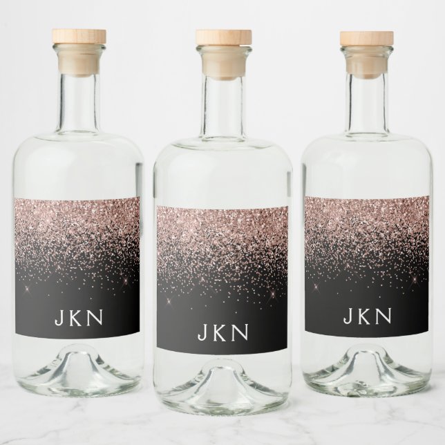 Rose Gold Blush Pink Glitter Monogram Initials Liquor Bottle Label (Bottles)