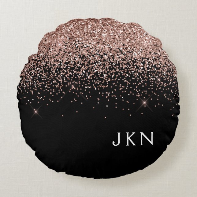 Rose Gold Blush Pink Glitter Monogram Initials Round Cushion (Front)