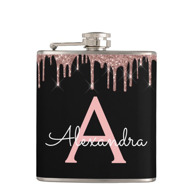 Rose Gold - Blush Pink Glitter Monogram Name Hip Flask (Front)