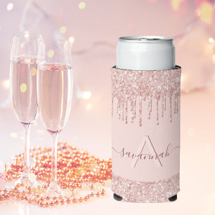 Rose gold blush pink glitter monogram name seltzer can cooler