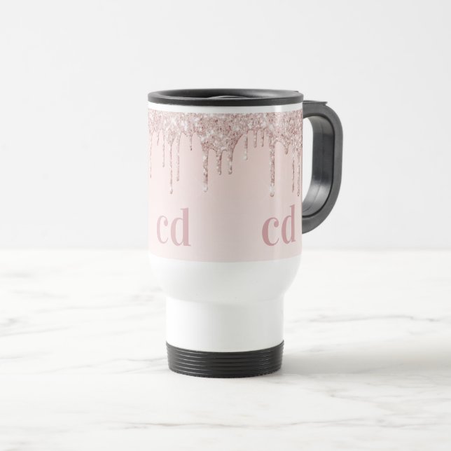 Rose gold blush pink glitter monogram travel mug (Front Right)