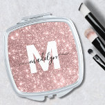 Rose Gold Blush Pink Glitter Name Monogram Compact Mirror<br><div class="desc">Personalised Create Your Own Girly Rose Gold Blush Pink Glitter Name Monogram Compact Mirror. Add a fun, girly touch to your daily routine with this chic compact mirror. Featuring a stunning rose gold blush pink faux glitter background, a bold white initial in the centre, and a flowing black script name,...</div>