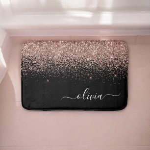 Rose Gold Blush Pink Glitter Script Monogram Girly Bath Mat
