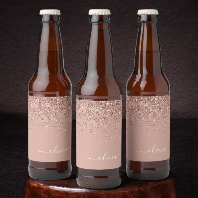 Rose Gold Blush Pink Glitter Script Monogram Girly Beer Bottle Label (Creator Uploaded)
