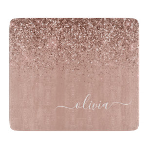 Rose Gold Blush Pink Glitter Script Monogram Girly Cutting Board