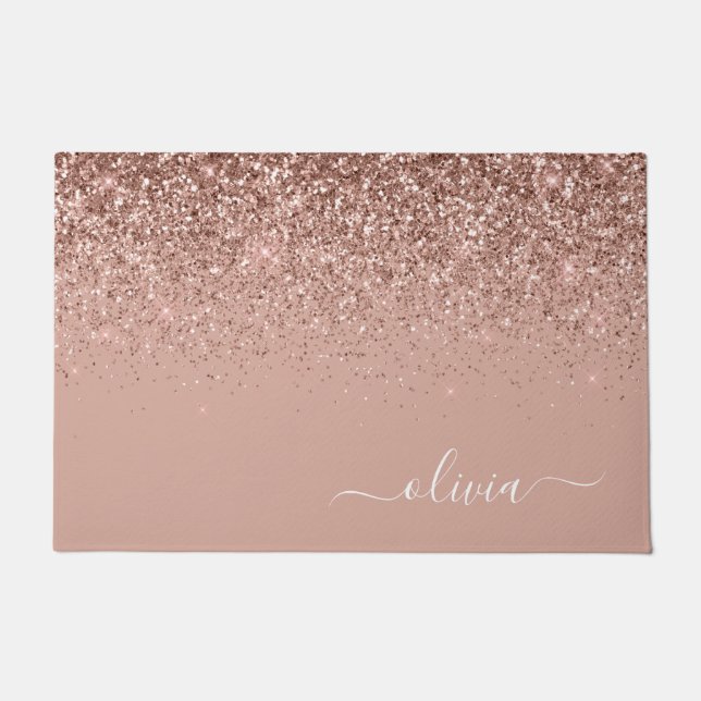 Rose Gold Blush Pink Glitter Script Monogram Girly Doormat (Front)