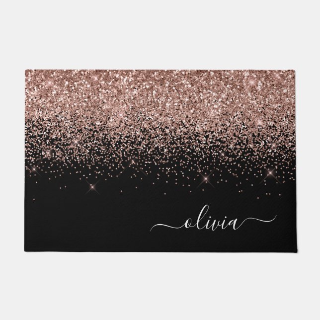 Rose Gold Blush Pink Glitter Script Monogram Girly Doormat (Front)