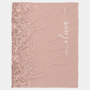 Rose Gold Blush Pink Glitter Script Monogram Girly Fleece Blanket