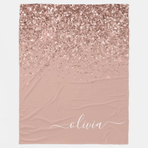 Rose Gold Blush Pink Glitter Script Monogram Girly Fleece Blanket