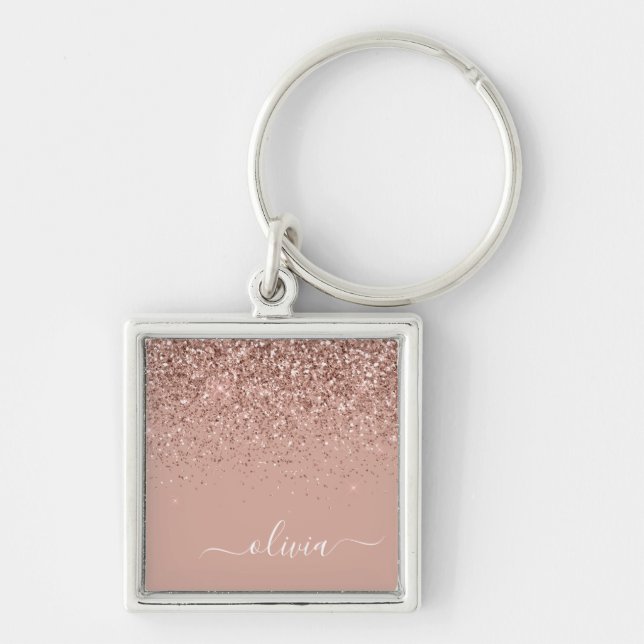 Rose Gold Blush Pink Glitter Script Monogram Girly Key Ring (Front)
