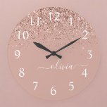 Rose Gold Blush Pink Glitter Script Monogram Girly Large Clock<br><div class="desc">Rose Gold Blush Pink Sparkle Glitter Brushed Script Monogram Name Clock. This makes the perfect sweet 16 birthday,  wedding,  bridal shower,  anniversary,  baby shower or bachelorette party gift for someone that loves glam luxury and chic styles.</div>