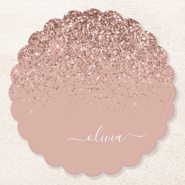 Rose Gold Blush Pink Glitter Script Monogram Girly Paper Coaster (Front)