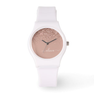 Rose Gold Blush Pink Glitter Script Monogram Girly Watch