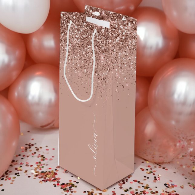 Rose Gold Blush Pink Glitter Script Monogram Girly Wine Gift Bag (Creator Uploaded)